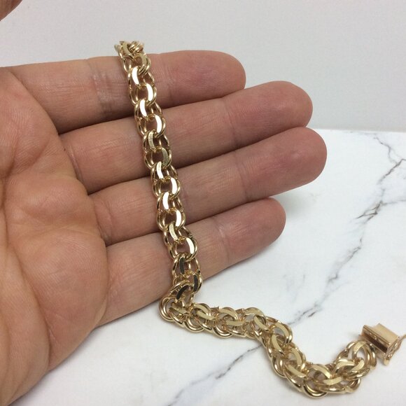 14K Yellow Real Solid Gold 8.8mm double Circle Curb Link Charm Bracelet 8'' 27.5 - Picture 6 of 8